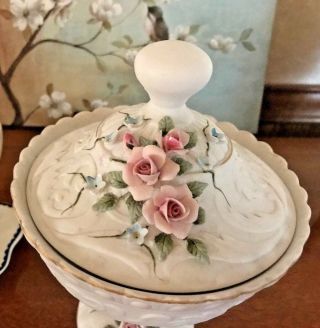 LARGE LEFTON COMPOTE WITH LID APPLIED PINK ROSES BLUE FLOWERS EMBOSSED DESIGN 2