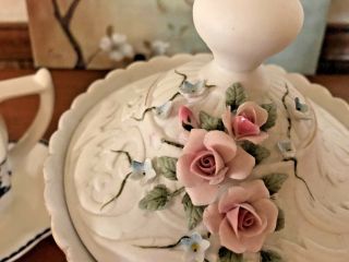 LARGE LEFTON COMPOTE WITH LID APPLIED PINK ROSES BLUE FLOWERS EMBOSSED DESIGN 3