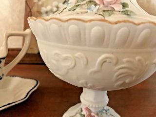 LARGE LEFTON COMPOTE WITH LID APPLIED PINK ROSES BLUE FLOWERS EMBOSSED DESIGN 5