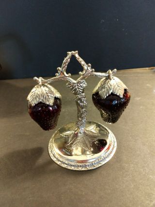 Vintage Glass Strawberry Salt & Pepper Shakers With Silver Plated Stand