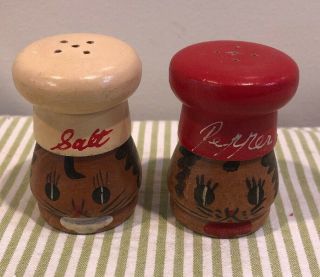 Vintage Wooden Salt And Pepper Shakers Chef With Faces Made In Japan