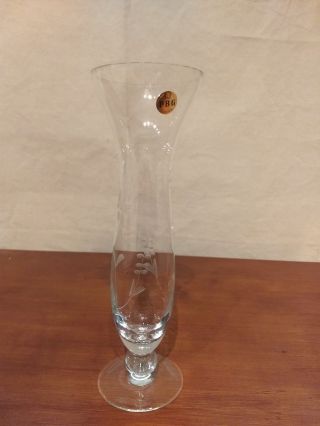 Pbg China Elegant Etched Glass Crystal Bud Vase Ferns Flowers W Gold Label