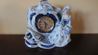 Vintage Porcelain Clock - Blue - And - White,  Coloinal Lady With Violin