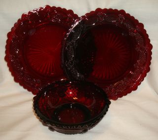 Vintage Avon 1876 Cape Cod Ruby Red Glass 5 ¼” Cereal Bowl & 7 ½” Salad Plates