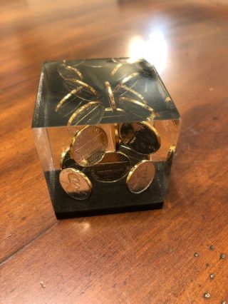Vintage Lucite Floating 1979 Penny Cube Paperweight