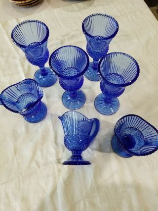 Avon Cobalt Blue Fostoria Glass Presidential Collection; 3 Creamers & 4 Goblets