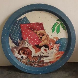 Vintage J.  S.  Ny Round 13” Decorative Tin Tray Cats & Dogs Puppies Kittens Blue