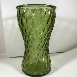 Avocado Green Glass Swirl Vase W/scalloped Rim 8 "