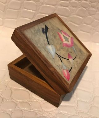 Mother Of Pearl Inlay Trinket Wood Box Made In India 3 " X 3 " Hidden Hinge Flower