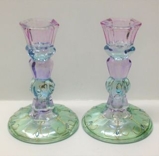 Partylite MARDI GRAS Purple Blue Green JEWELED Taper Candle Holders CANDLESTICKS 2