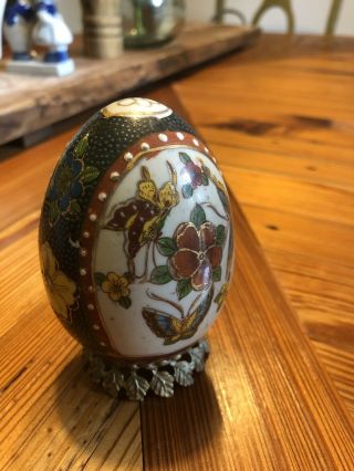 Vintage Asian Hand Painted Ceramic Egg With Stand,  Flowers And Bufferfly Motif