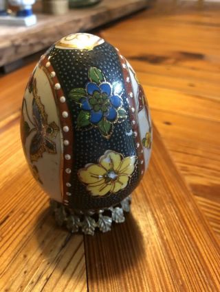 Vintage Asian Hand Painted Ceramic Egg With Stand,  Flowers And Bufferfly Motif 2