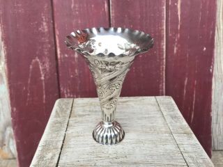 Vintage Silverplated Mini Vase/Cup,  Art Nouveau Floral Design Scalloped Edge 3