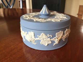 2 Pc Wedgewood Jasperware Trinket Box Powder Jar Candy Dish,  Lid Blue & White