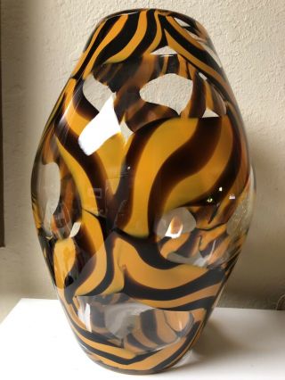 Heavy Glass Vase With Black And Orange Waves