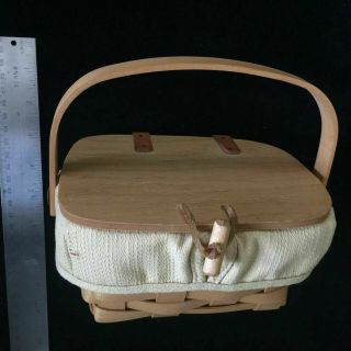 Longaberger Mini Basket W Cream Liner Hinged Single Handle Lunch Box Picnic 