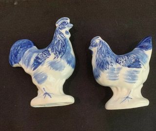 Pair Blue And White Porcelain Rooster And Hen