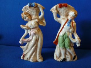 Vintage Porcelain Minature Vases Man & Woman Holding Baskets