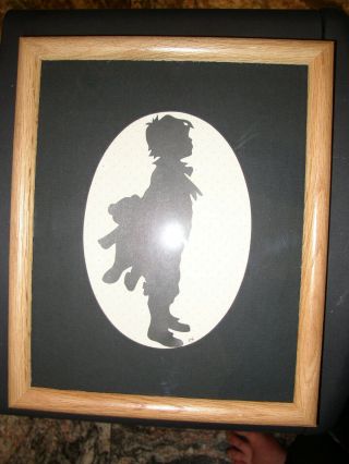 Vintage Wood Framed Silhouette Picture - Picture Of A Boy With Teddy Bear -