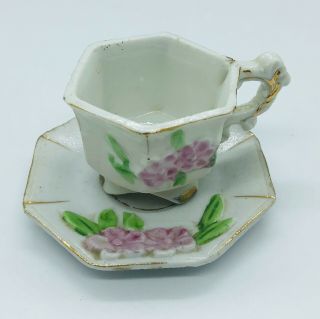 Miniature Porcelain Tea Cup Saucer Hand Painted Pink Flowers Gold Trim Japan