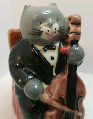 Ceramic Cat Playing Cello Music Instrument On Chair Tux Grey Tailcoat Pussy C.  I.