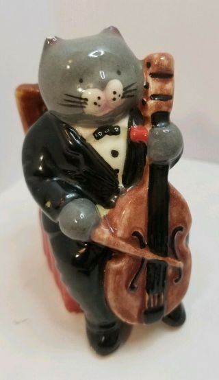 Ceramic Cat Playing Cello Music Instrument on Chair Tux Grey Tailcoat Pussy C.  I. 2