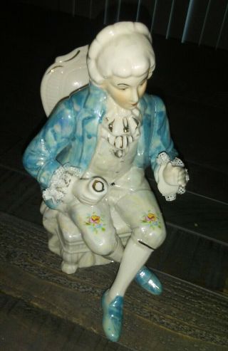 8 " Vintage Porcelain Victorian Figurine Statue Man N Chair Blue Gold Colonial