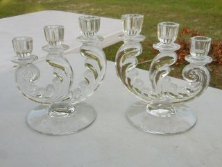 Pair Vintage Fostoria Glass Plume Triple Arm 3 Light Candle Holder Candleholder