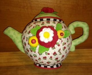 Mary Engelbreit Collectible Fabric Tea Pot Pin Cushion Teapot Cherry Sewing Sew