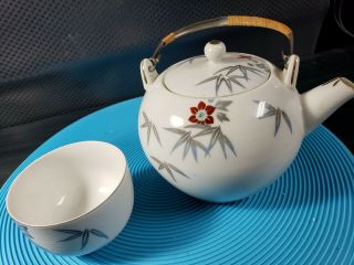 Asian Small Tea Pot Wrapped Handle Lid & 1 Cup Tea For One 4.  5 " Tall.
