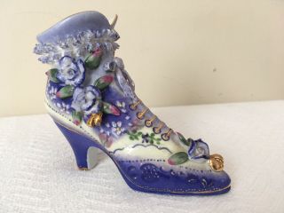 China Porcelain Old Fashion Victorian Ladies Shoe Boot W/ Purple Roses
