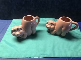 Two Pig Coffee Mugs,  Pink Piggy Shaped Figural Swine Collectible Ceramic 3d Cups