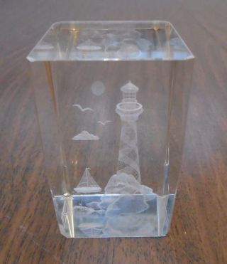 3d Crystal Glass Laser Etched Hologram Lighthouse Paperweight Corner Cut