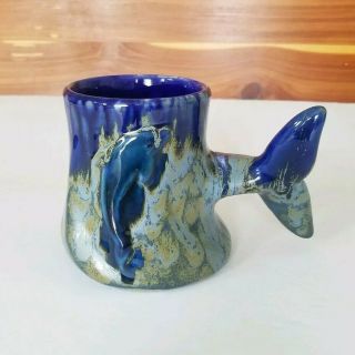Studio Art Dolphin Whale Tail Coffee Mug Cup Drip Glazed Pottery Blue Doug Wylie