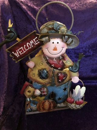 Home Interior Scarecrow And Crowd Fall Candle Votive Holder Tin Lantern