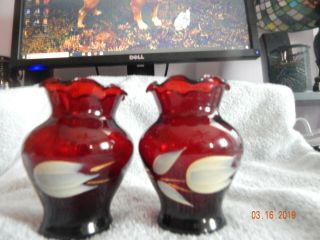 Ruby Red Mini Vases (2) Hand Painted Hazel - Atlas