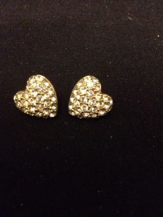 Vintage Swarovski Swan Signed Crystal Pave Heart Gold Tone Priced Earrings