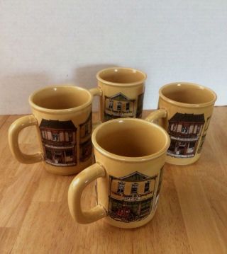 1980 Enesco " Old West Main Street " Coffee Cups Mugs Set Of 4 Japan