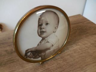 Vintage Round Metal Picture Frame With Ball Feet Convex Glass Velvet Easle Back