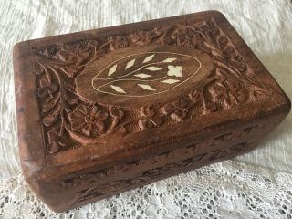 Vintage Jewelry Box Hand Carved Wood With Bone Inlay Made In India