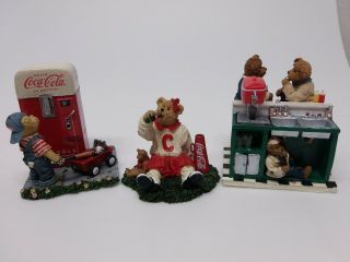 3 Coca Cola Boyds Bears Bearstone Soda Fountain Boy Wagon Cheerleader Figurines