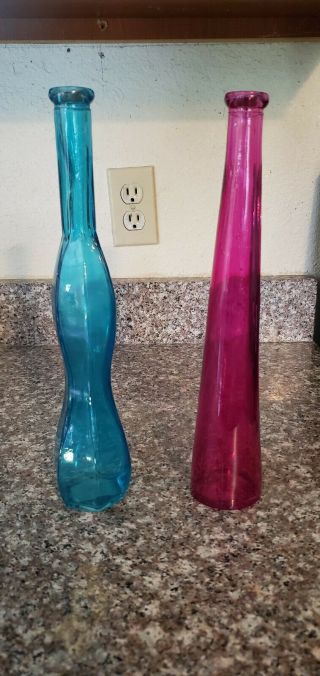 Two Colorful Bright Blue And Hot Pink Stretched Bottle Bud Vases 12 "