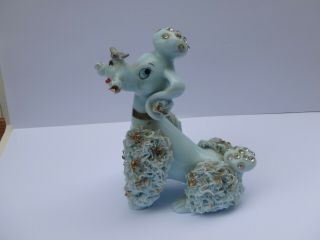 Vintage Baby Blue Lefton Spaghetti Poodle Dog Figurine With Bumble Bee On Nose