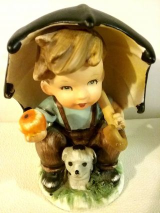 Vintage Porcelain Figurine Boy With Umbrella And Dog