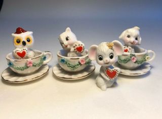 Vintage Enesco Bone China Mini Miniature Owl Cat Dog Mouse Teacup Valentine