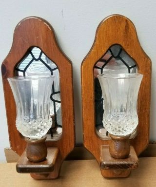 Vintage Set Of 2 Wooden Wall Hanging Sconce Glass Mirror Candle Holders