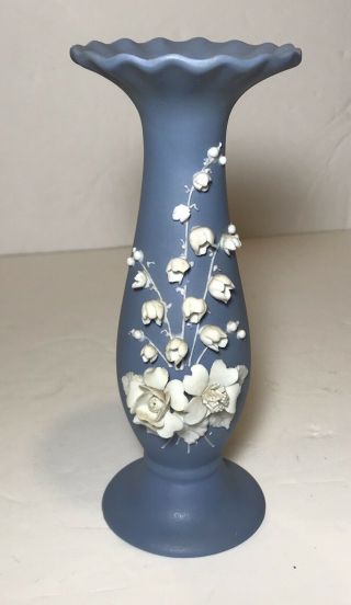Vintage Blue Lefton Jasperware Wedgwood Applied White Flowers Vase 6 1/2” Tall