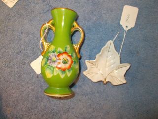 Occupied Japan Ceramic Vase With Handles And Leaf Trinket Tray
