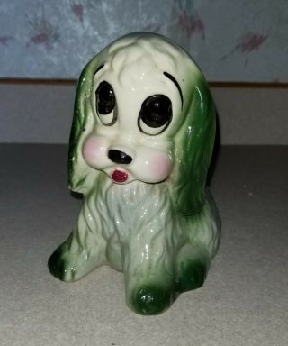 Vintage Green Ceramic Puppy Dog Vase Planter Green Big Eyes Cute