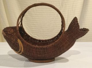 Vintage Two - Toned Nautical Fish Shaped Wicker Rattan Woven Basket W Handle 13x9
